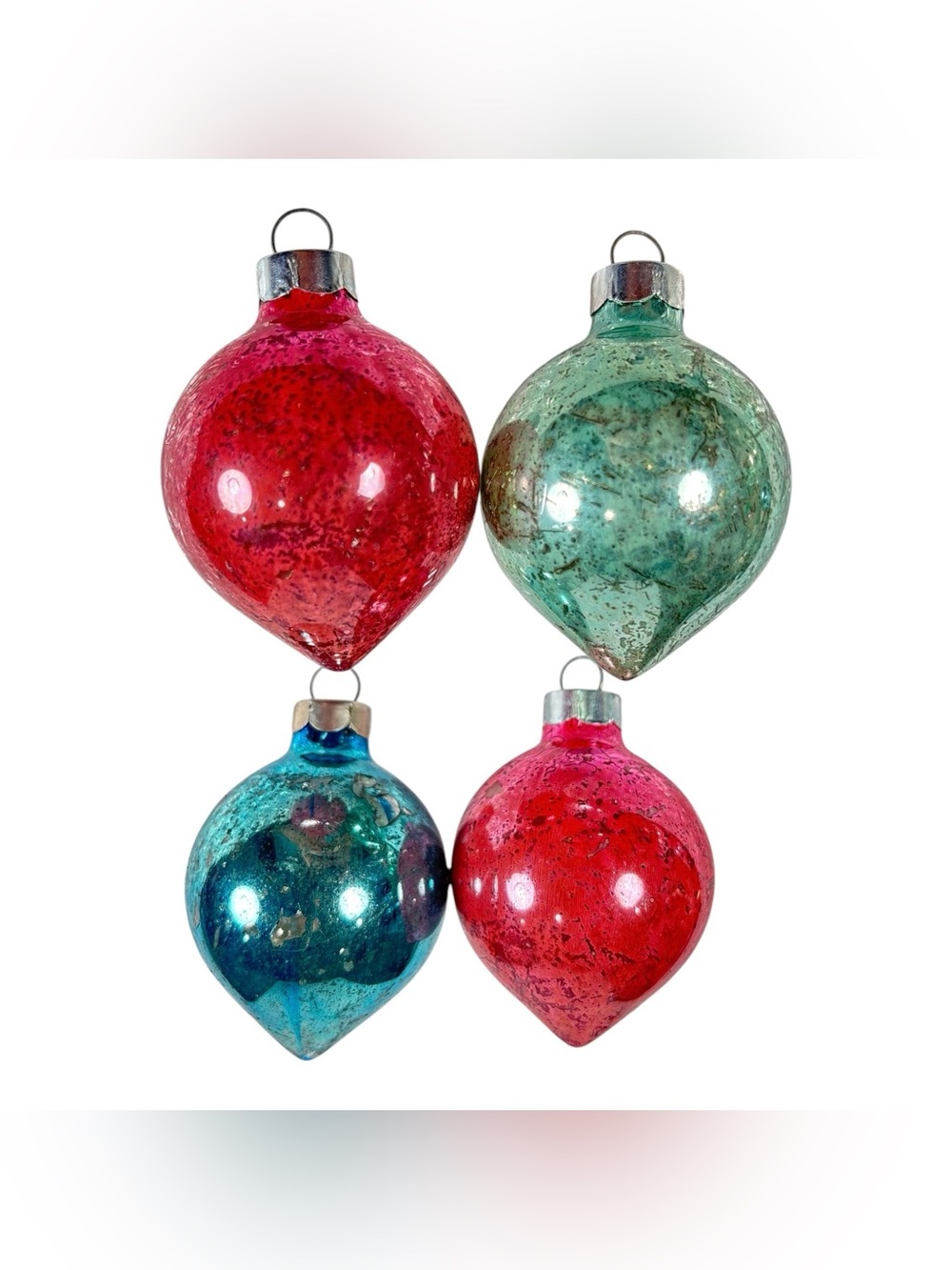 4 Vtg Corning Shiny Brite Christmas Ornament Pink Blue Teal Glass Teardrop Onion